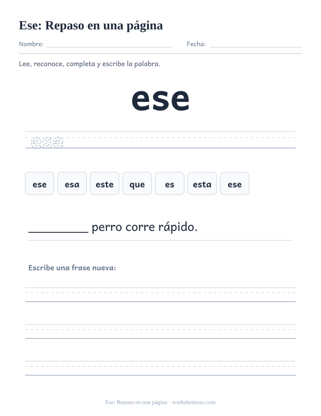 Ficha de la palabra frecuente «ese», repaso en una página para imprimir