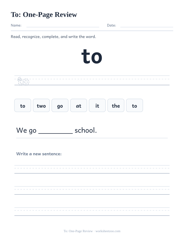Sight word “to” worksheet, one-page review printable activity