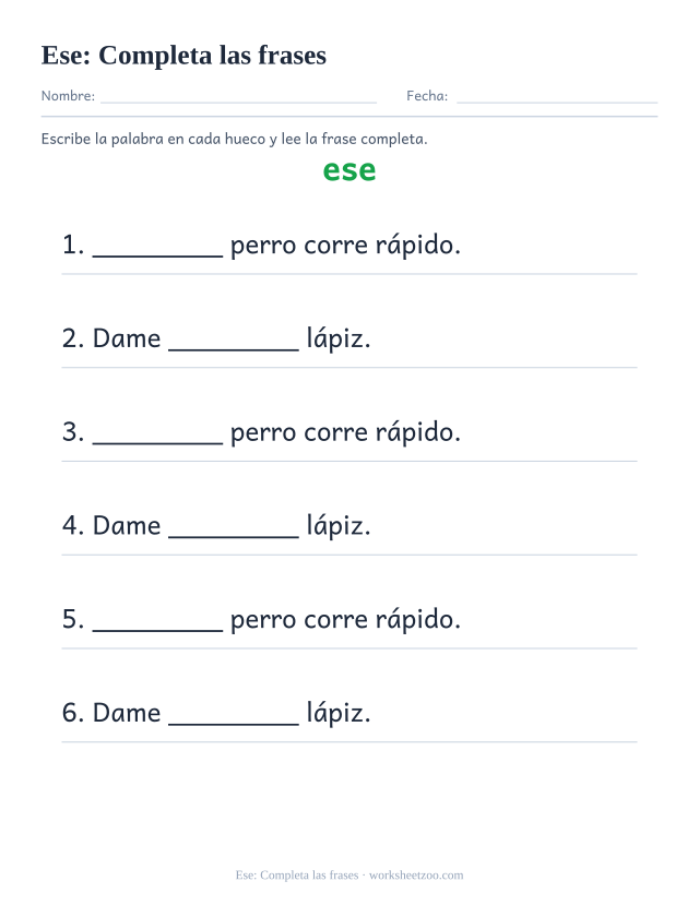Ficha de la palabra frecuente «ese», completa las frases para imprimir