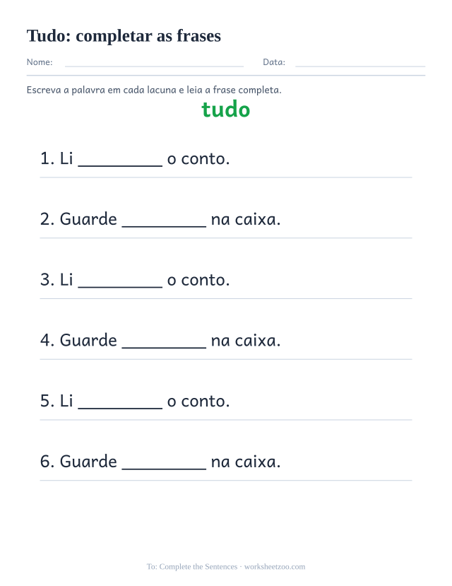 Prévia da palavra frequente “tudo”, completar as frases