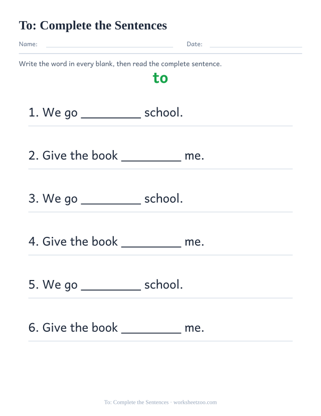 Sight word “to” worksheet, complete the sentences printable activity