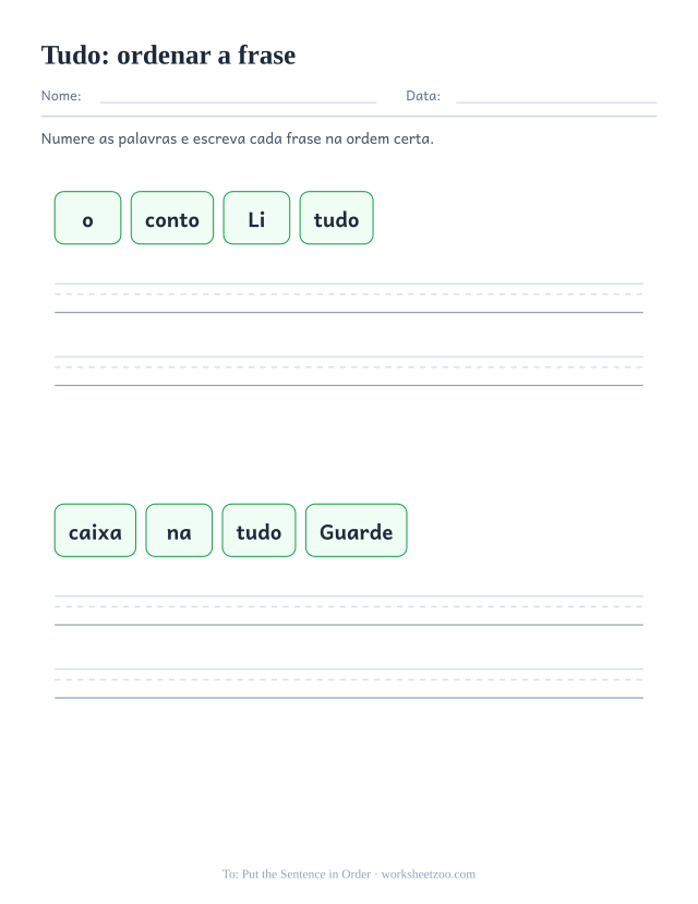 Prévia da palavra frequente “tudo”, ordenar a frase