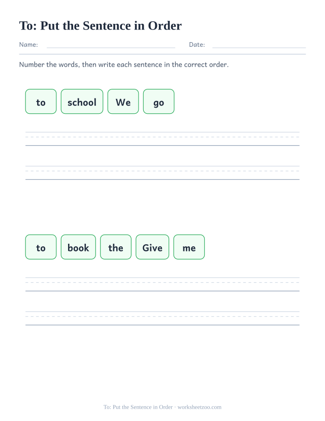 Sight word “to” worksheet, put the sentence in order printable activity
