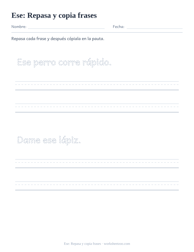 Ficha de la palabra frecuente «ese», repasa y copia frases para imprimir