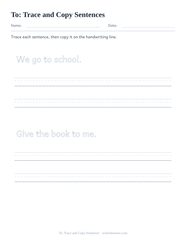 Sight word “to” worksheet, trace and copy sentences printable activity