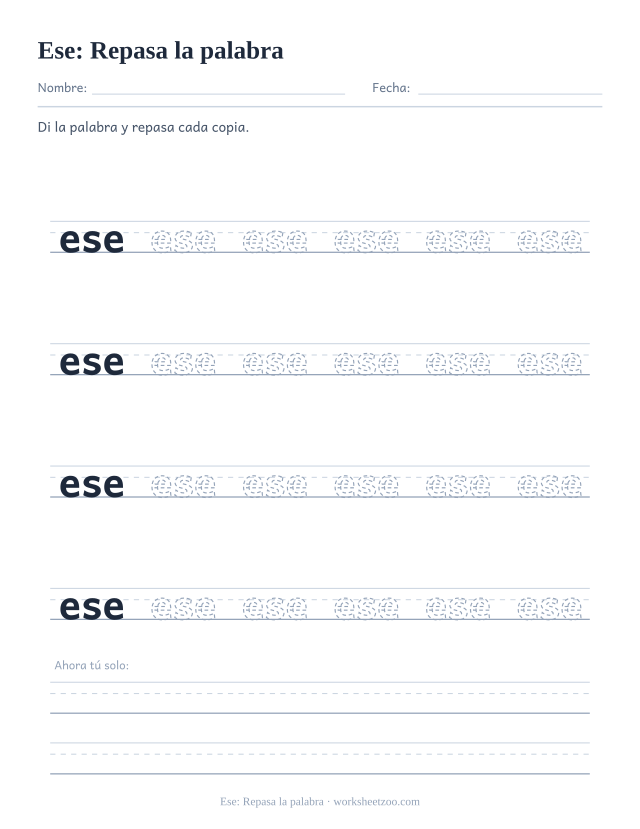 Ficha de la palabra frecuente «ese», repasa la palabra para imprimir