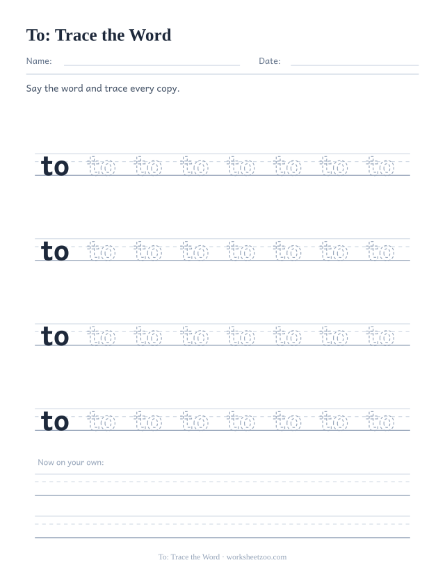 Sight word “to” worksheet, trace the word printable activity