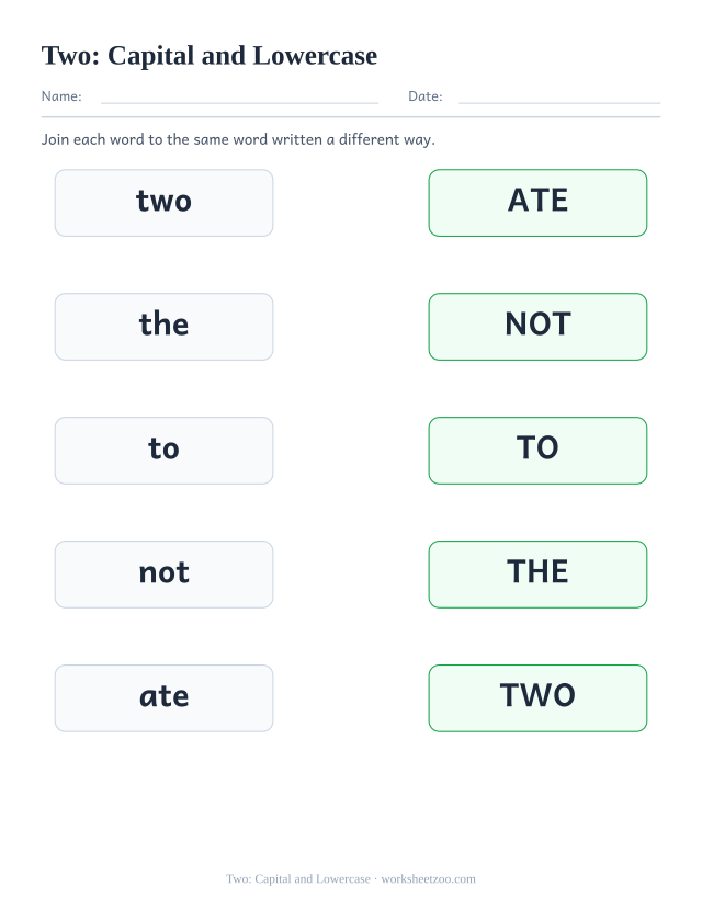 Sight word “two” worksheet, capital and lowercase printable activity