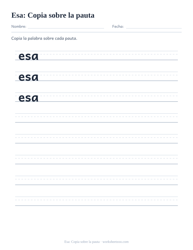 Ficha de la palabra frecuente «esa», copia sobre la pauta para imprimir
