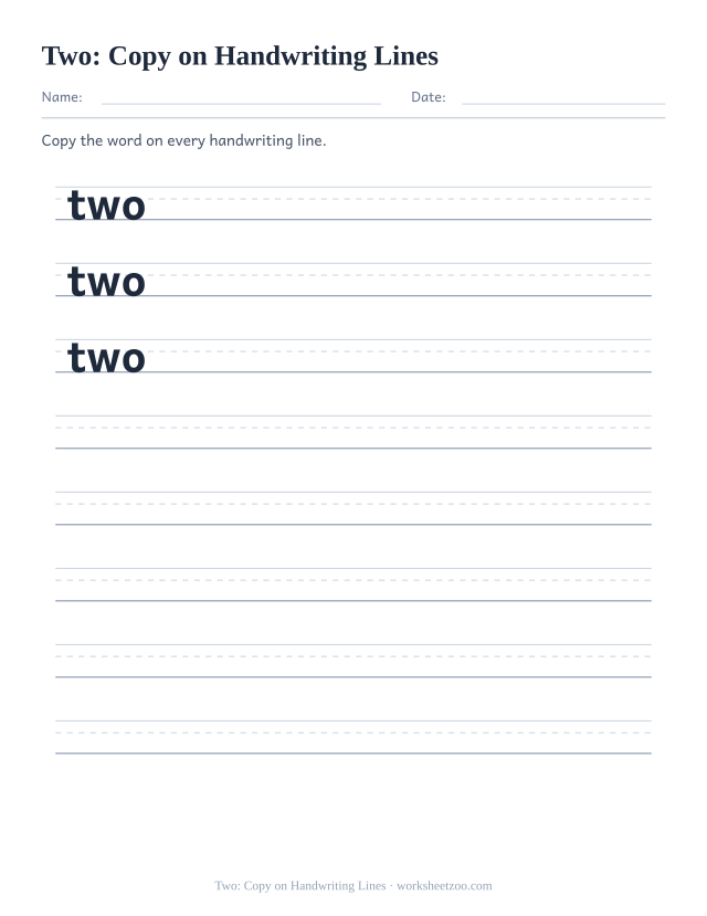Sight word “two” worksheet, copy on handwriting lines printable activity
