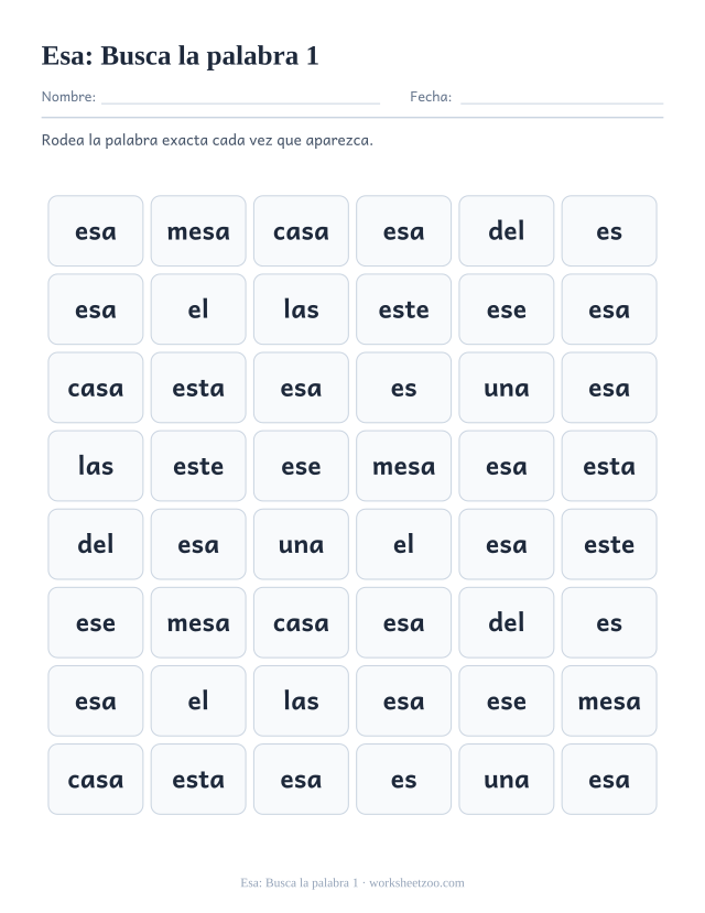 Ficha de la palabra frecuente «esa», busca la palabra 1 para imprimir