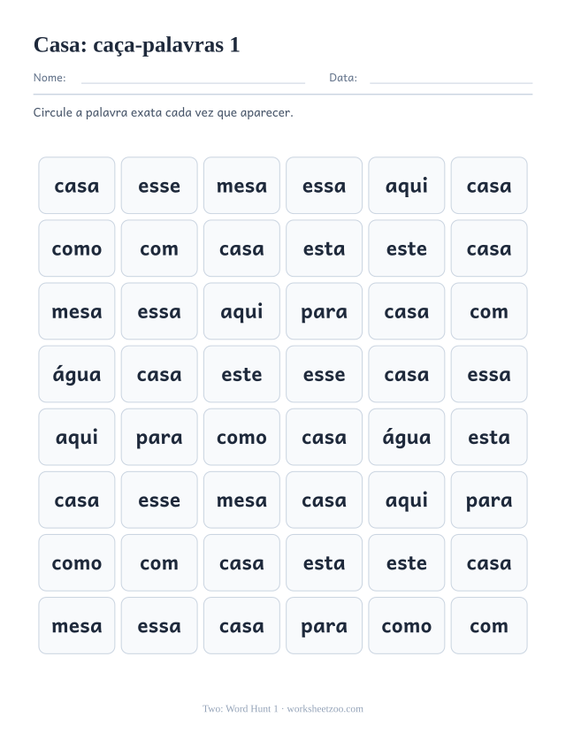 Prévia da palavra frequente “casa”, caça-palavras 1
