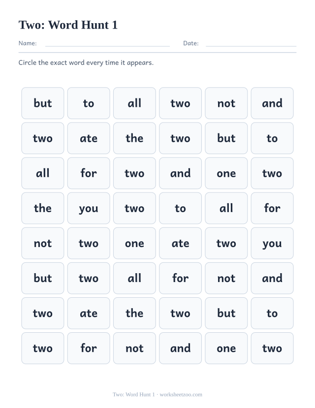 Sight word “two” worksheet, word hunt 1 printable activity