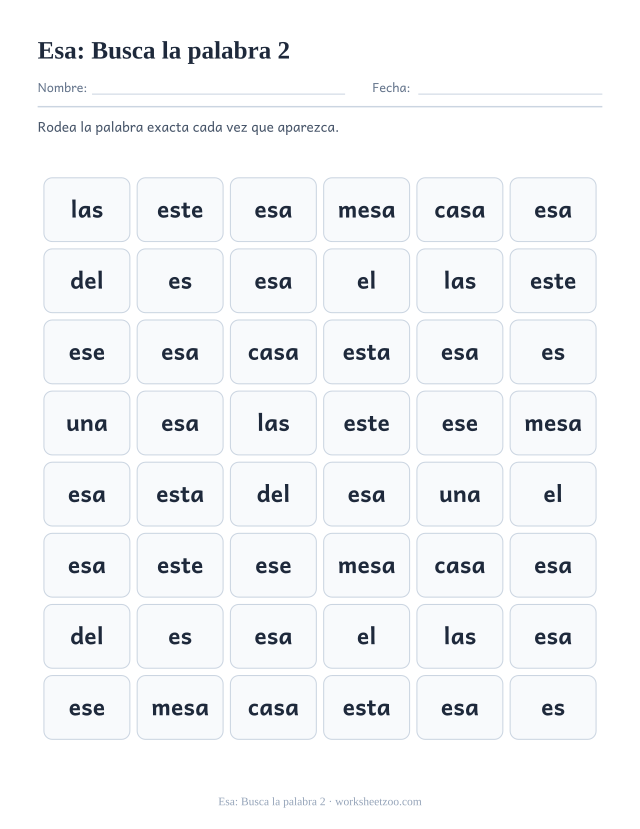 Ficha de la palabra frecuente «esa», busca la palabra 2 para imprimir