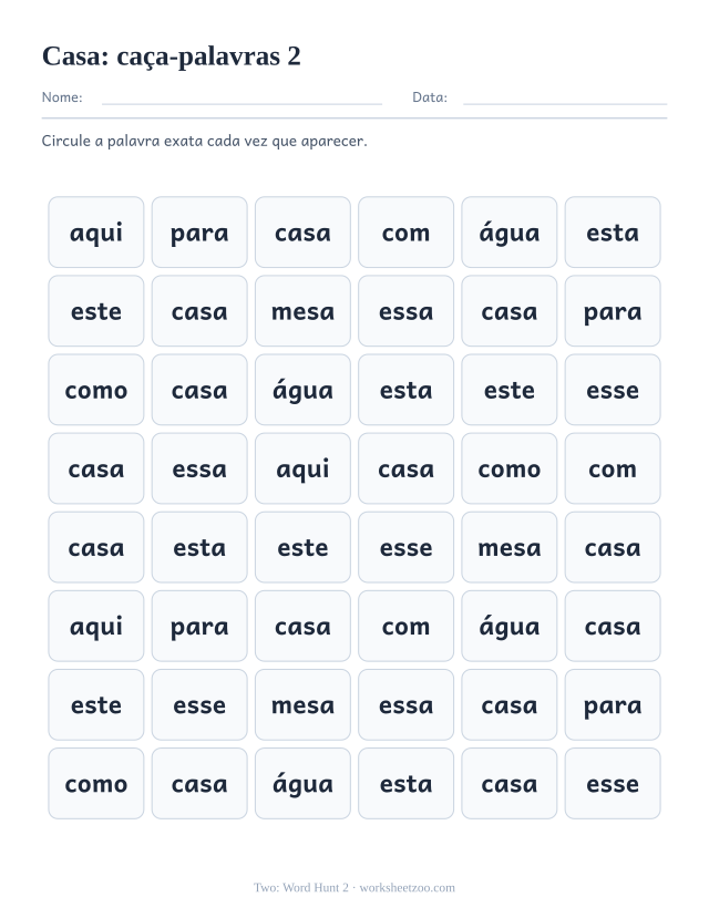 Prévia da palavra frequente “casa”, caça-palavras 2