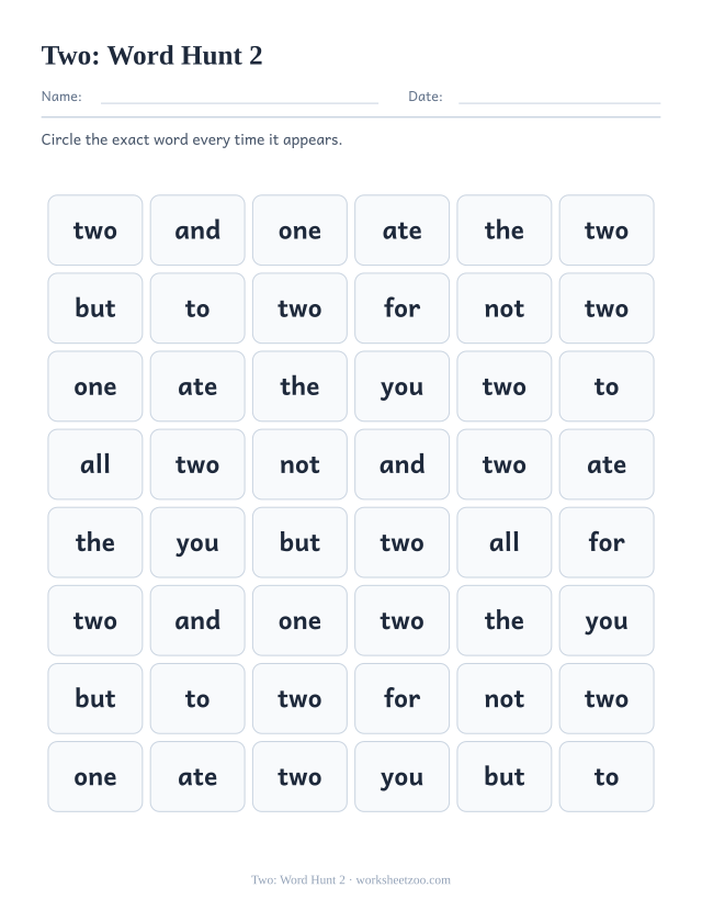 Sight word “two” worksheet, word hunt 2 printable activity