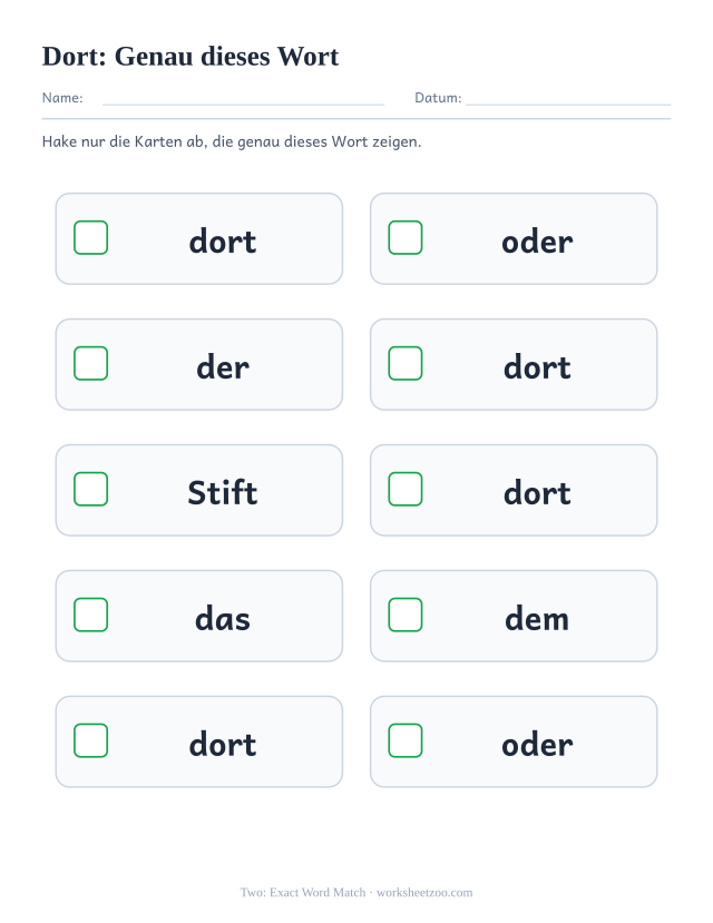 Vorschau: häufiges Wort „dort“, Genau dieses Wort