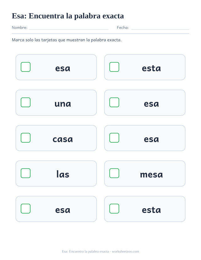 Ficha de la palabra frecuente «esa», encuentra la palabra exacta para imprimir