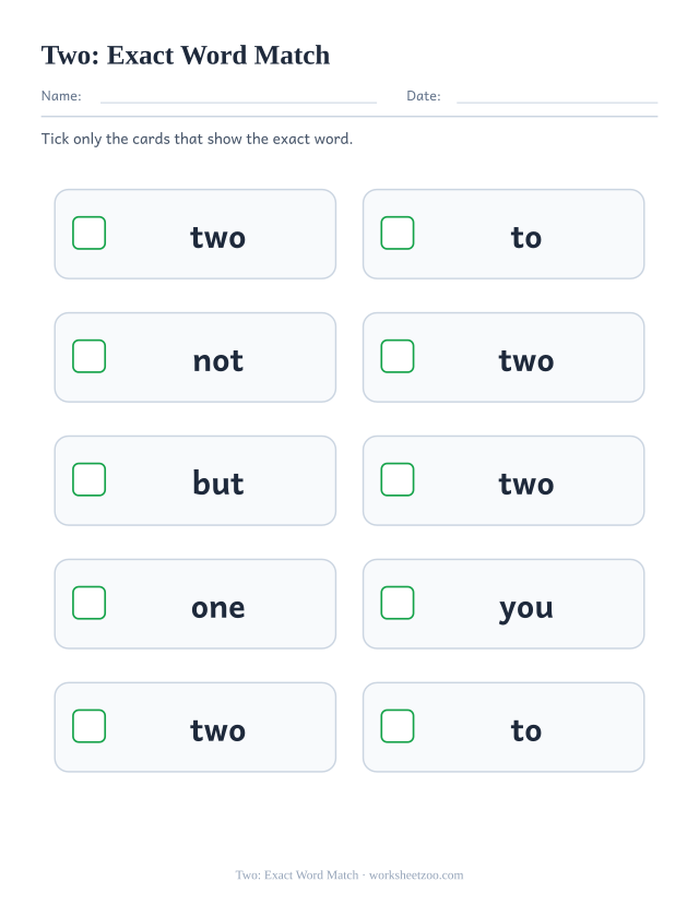 Sight word “two” worksheet, exact word match printable activity