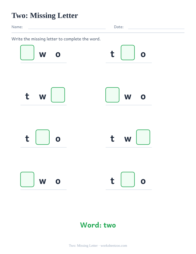 Sight word “two” worksheet, missing letter printable activity