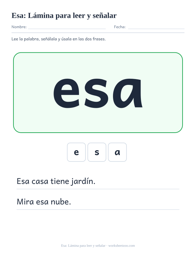 Ficha de la palabra frecuente «esa», lámina para leer y señalar para imprimir