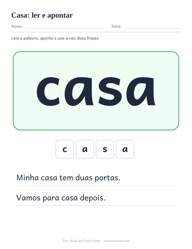 Prévia da palavra frequente “casa”, ler e apontar