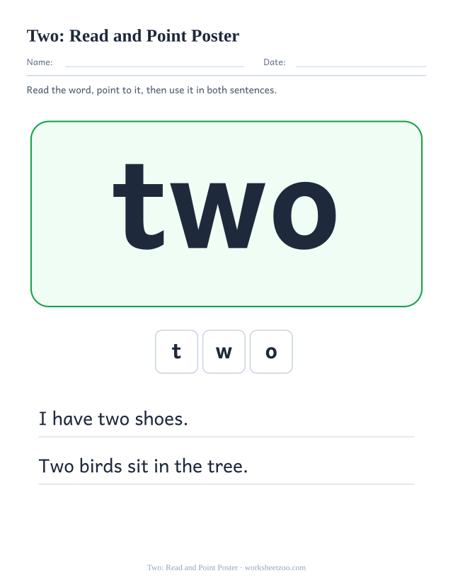 Sight word “two” worksheet, read and point poster printable activity