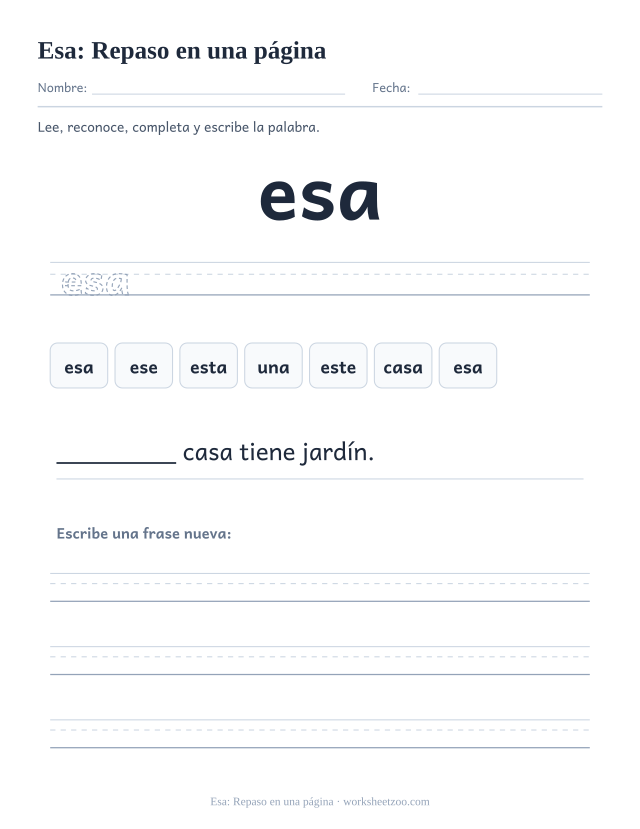 Ficha de la palabra frecuente «esa», repaso en una página para imprimir