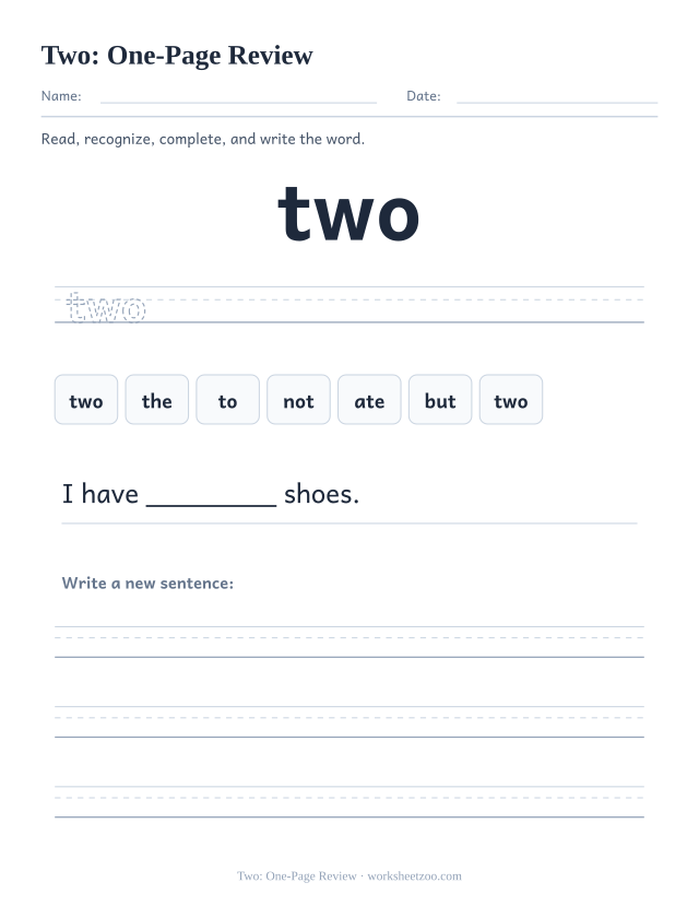 Sight word “two” worksheet, one-page review printable activity