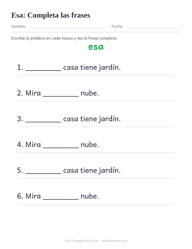 Ficha de la palabra frecuente «esa», completa las frases para imprimir