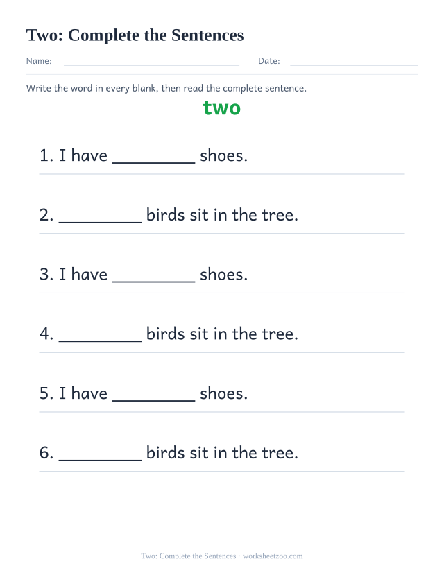 Sight word “two” worksheet, complete the sentences printable activity