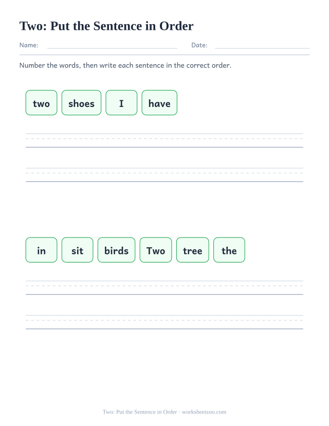 Sight word “two” worksheet, put the sentence in order printable activity