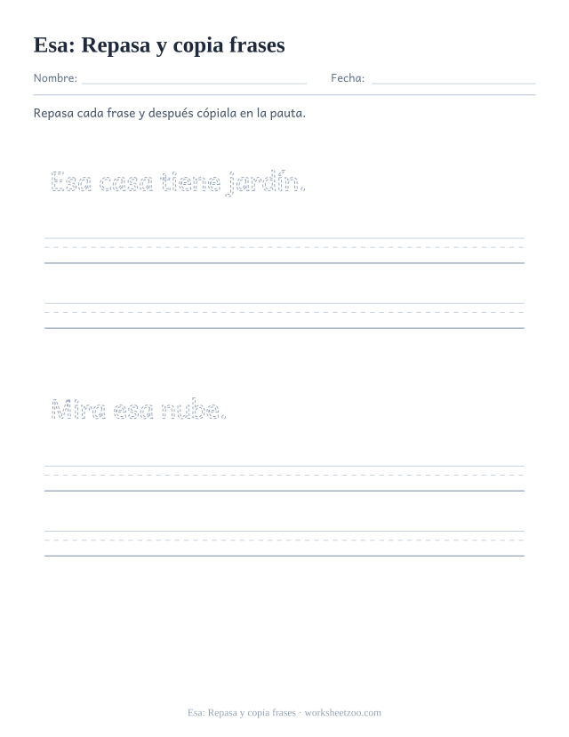 Ficha de la palabra frecuente «esa», repasa y copia frases para imprimir