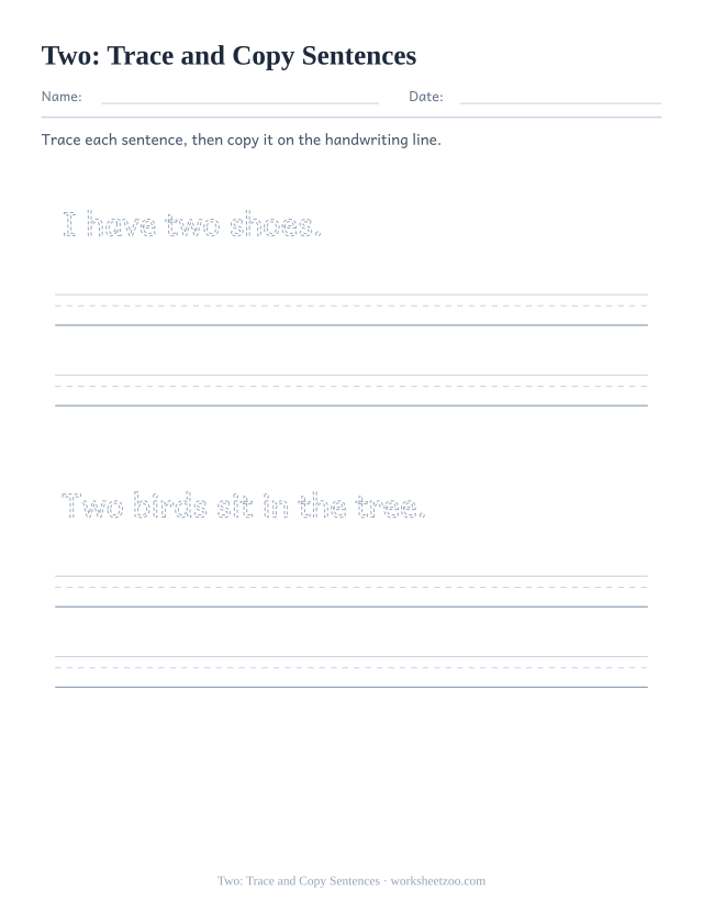 Sight word “two” worksheet, trace and copy sentences printable activity