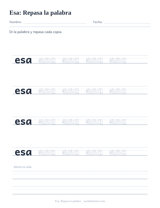 Ficha de la palabra frecuente «esa», repasa la palabra para imprimir