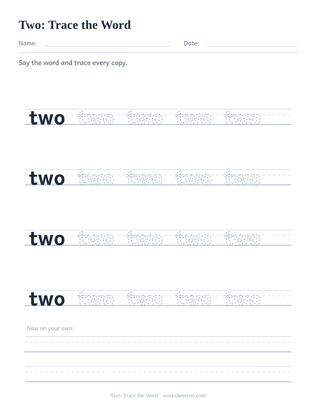 Sight word “two” worksheet, trace the word printable activity