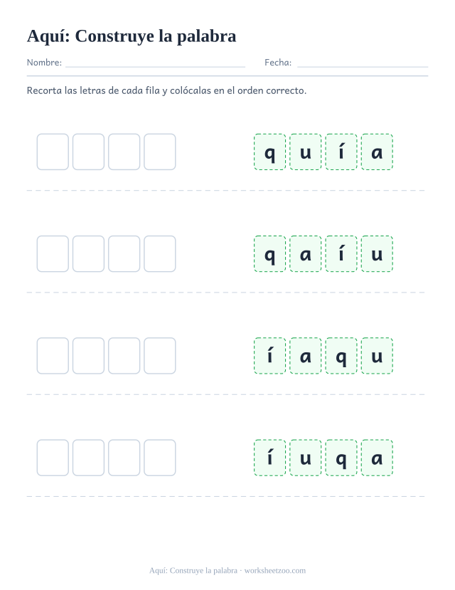 Ficha de la palabra frecuente «aquí», construye la palabra para imprimir