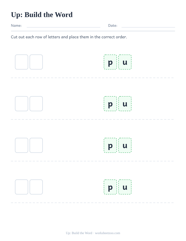 Sight word “up” worksheet, build the word printable activity