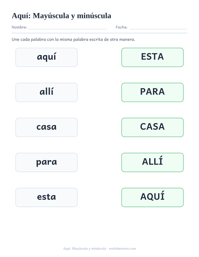 Ficha de la palabra frecuente «aquí», mayúscula y minúscula para imprimir