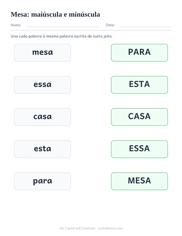 Prévia da palavra frequente “mesa”, maiúscula e minúscula