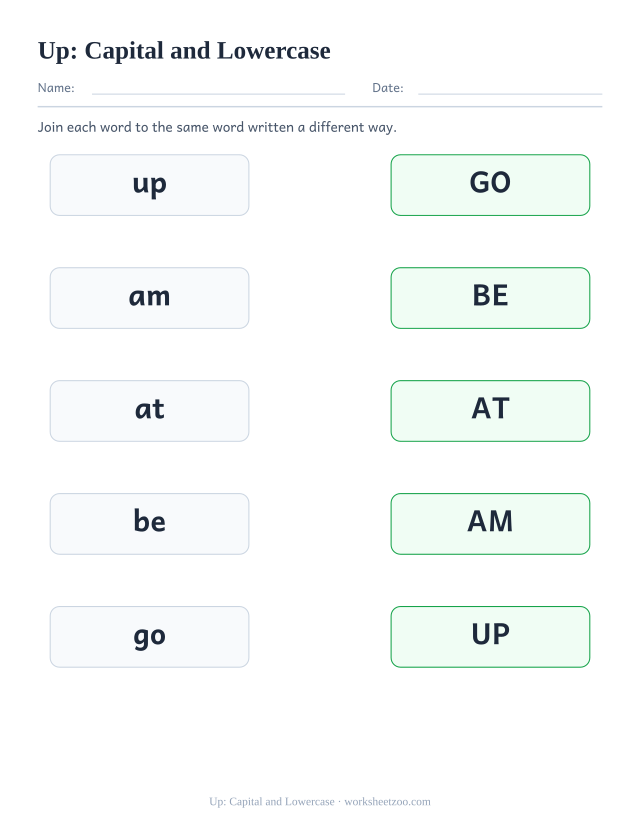 Sight word “up” worksheet, capital and lowercase printable activity