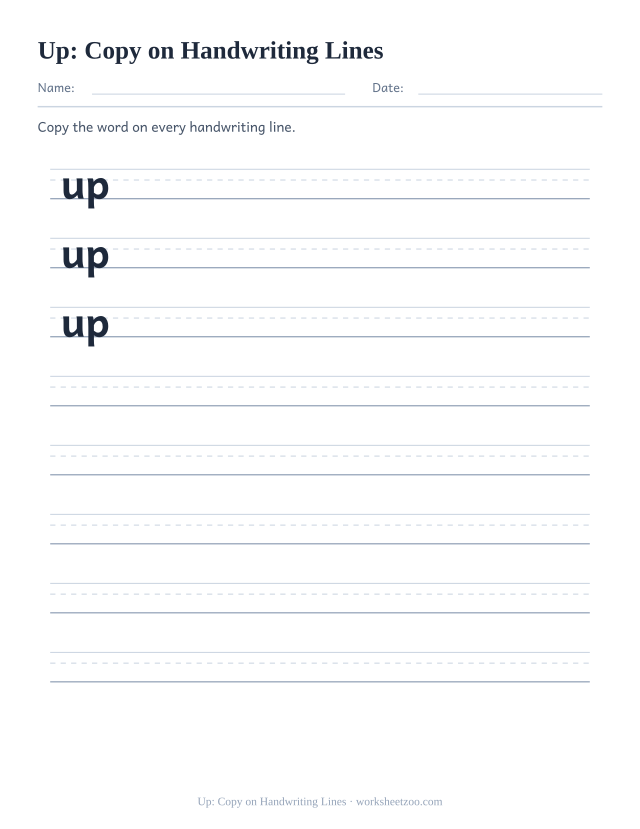 Sight word “up” worksheet, copy on handwriting lines printable activity