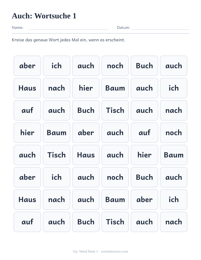 Vorschau: häufiges Wort „auch“, Wortsuche 1
