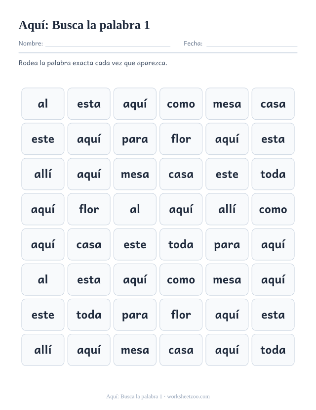 Ficha de la palabra frecuente «aquí», busca la palabra 1 para imprimir
