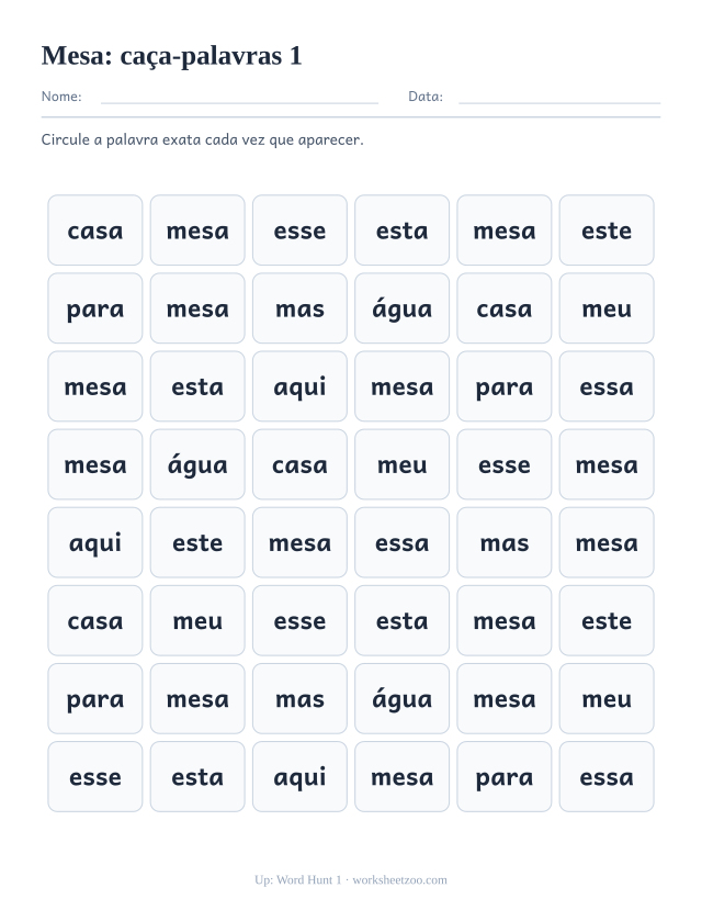 Prévia da palavra frequente “mesa”, caça-palavras 1