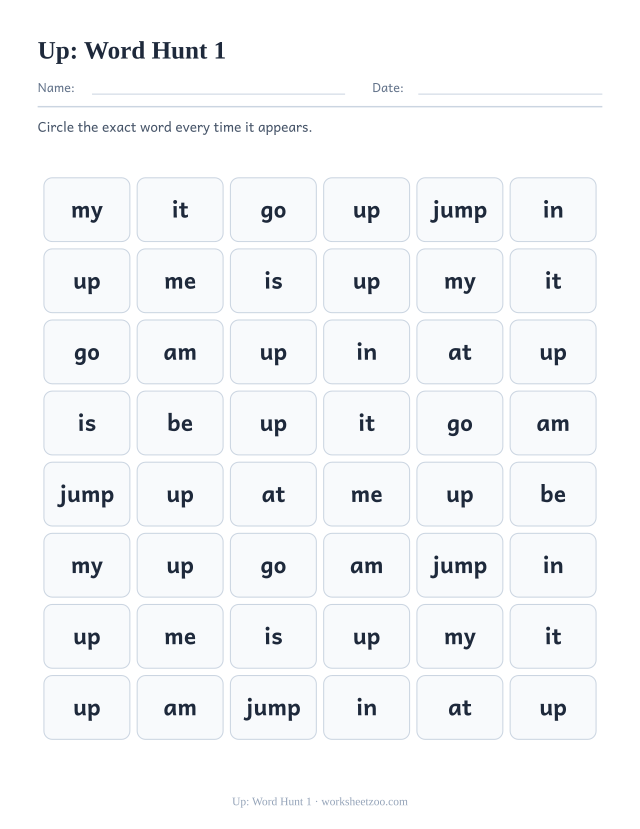 Sight word “up” worksheet, word hunt 1 printable activity