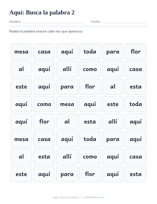 Ficha de la palabra frecuente «aquí», busca la palabra 2 para imprimir