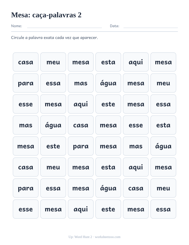 Prévia da palavra frequente “mesa”, caça-palavras 2
