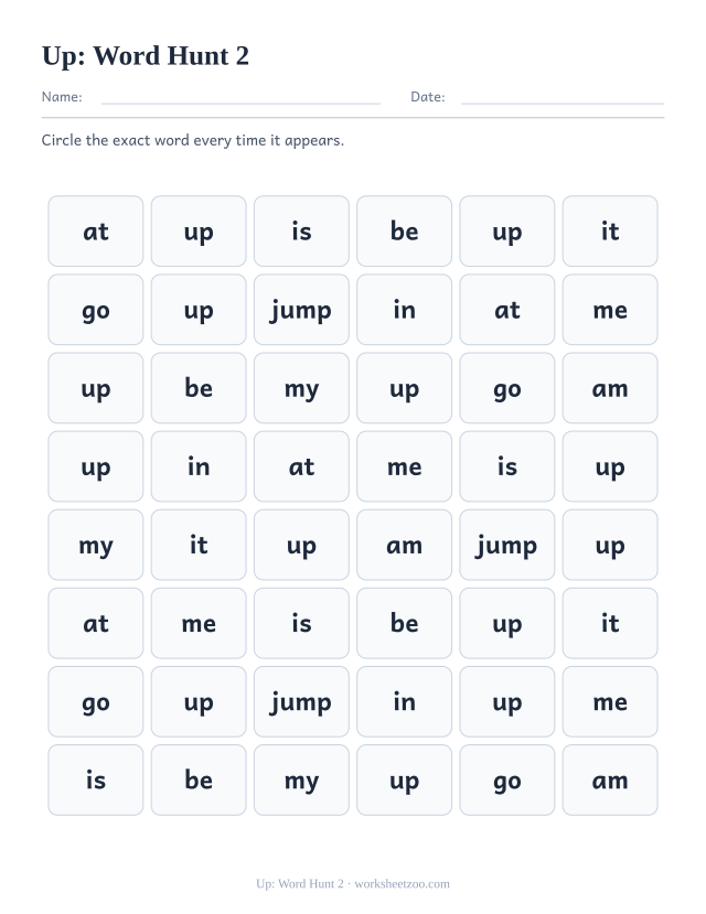 Sight word “up” worksheet, word hunt 2 printable activity