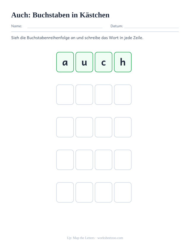 Vorschau: häufiges Wort „auch“, Buchstaben in Kästchen
